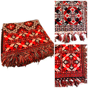 Vtg Welsh Style Wool Reversible Blanket Fringed Tapestry 82x88 Black Red READ